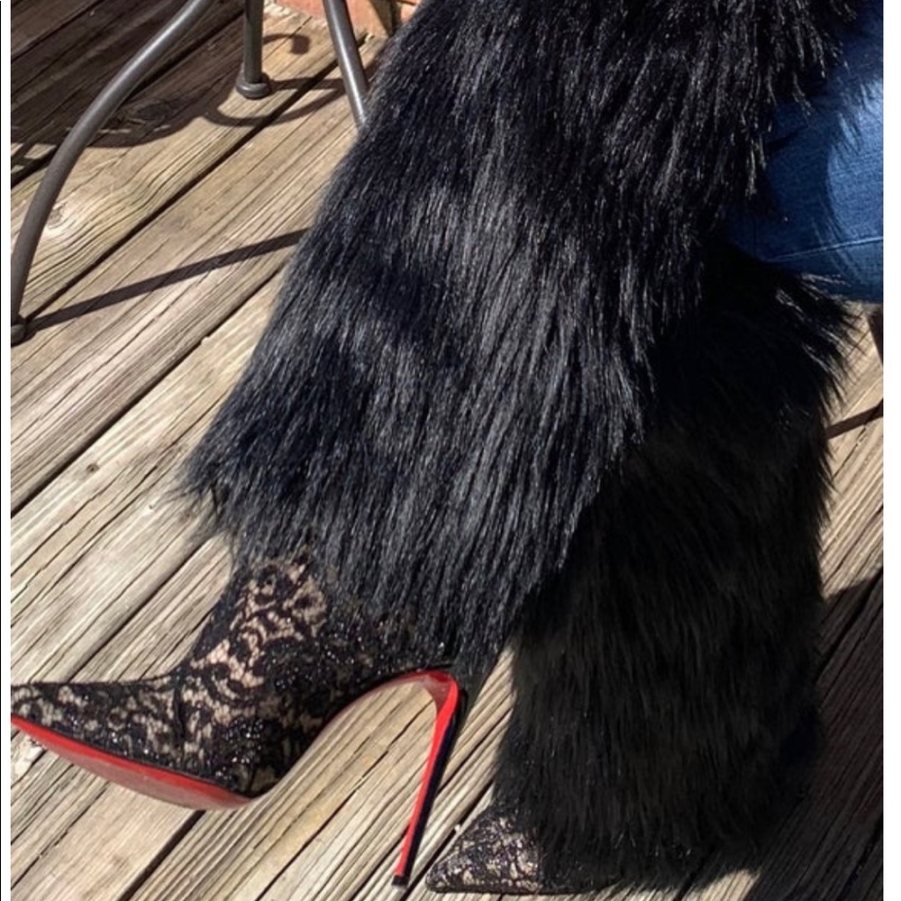 Luxury black faux fur leg warmers/boot covers with a bling Rhinestud detail